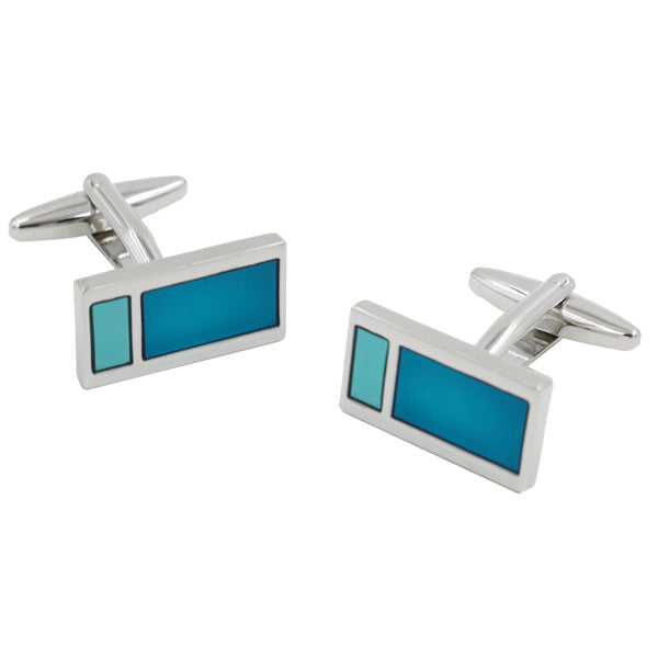The Aqua Rectangle Cufflinks feature rectangular shapes with silver borders and blue accents, highlighting a turquoise square on one side for an oceanic touch of elegance.