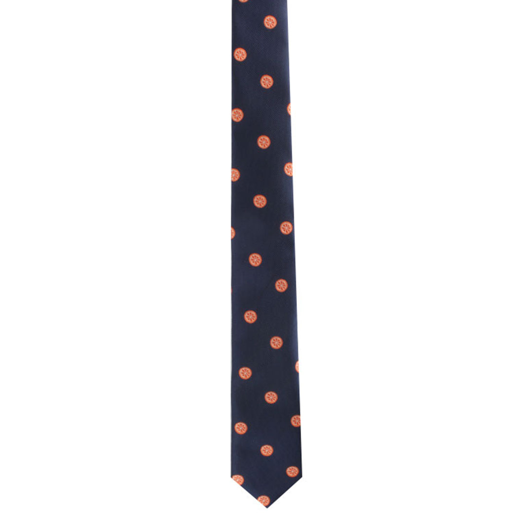 An Vibrant Skinny Tie with a pattern of evenly spaced orange polka dots, exuding a charm and adding a burst of vibrant color.
