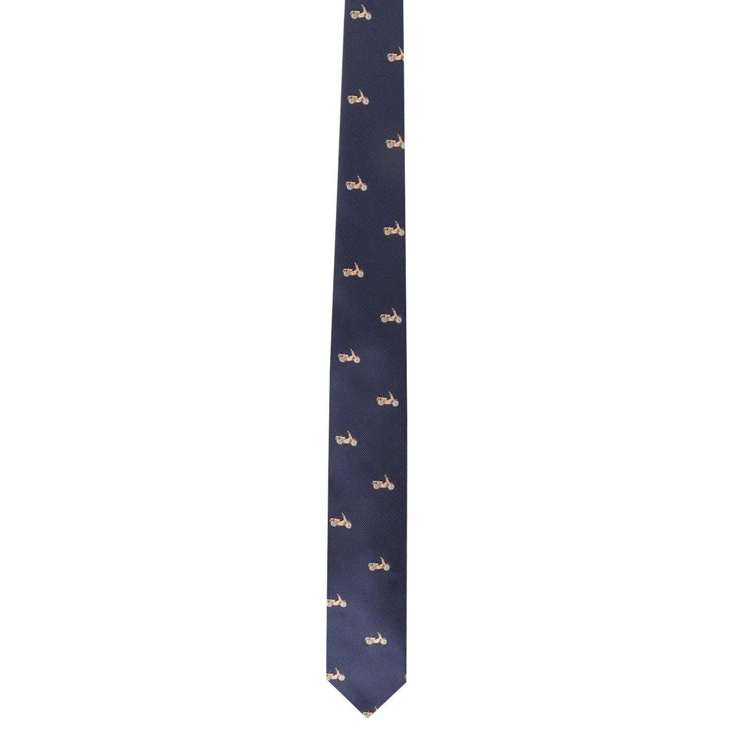 The Classic Motorbike Skinny Tie, featuring a pattern of small embroidered beige bicycles on a navy blue background, offers an elegance that's subtly revved up for those who prefer the fast lane in style.