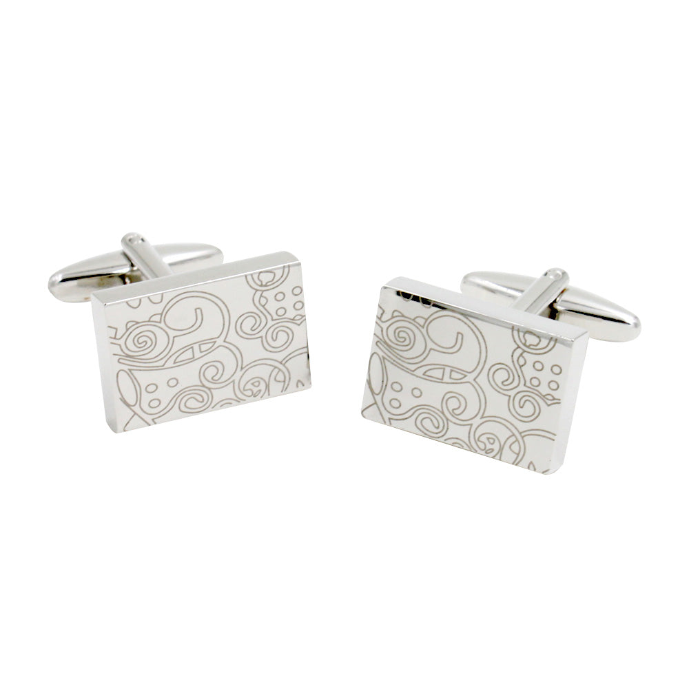 Paisley Cufflinks – Sleek & Modern Style for Men: Featuring engraved abstract swirl and dot designs on rectangular silver faces, these cufflinks offer classic sophistication and make an ideal gift for him.