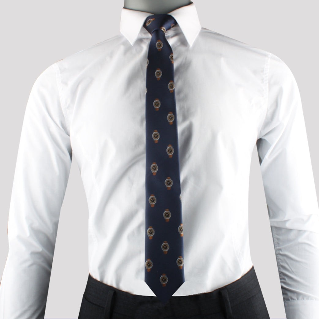 Mannequin wearing a white dress shirt and a blue Vintage Watch Tie with timeless elegance coin patterns, against a gray background.