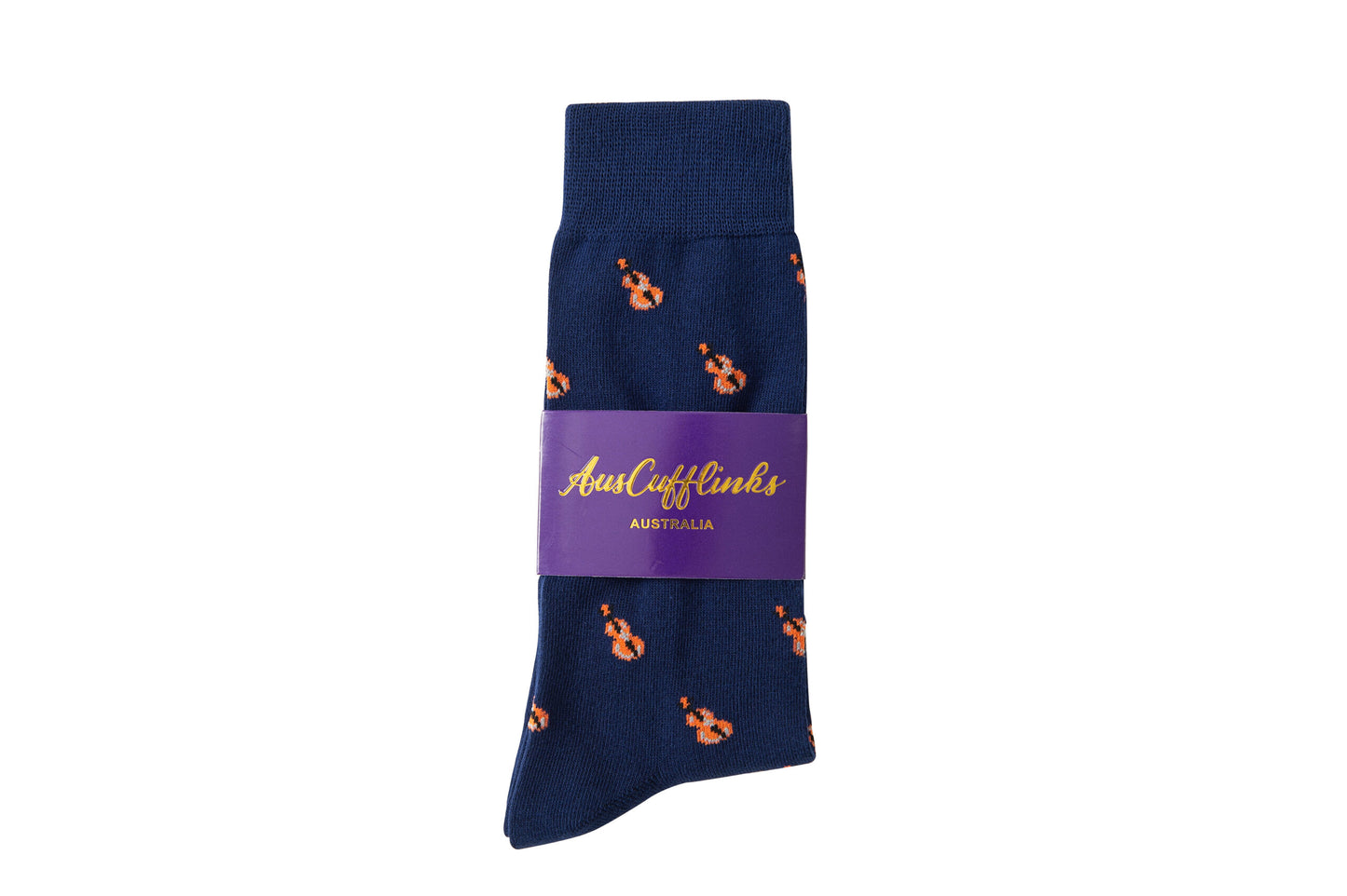 A pair of blue socks with an orange violin pattern, wrapped with a purple band labeled "AustCufflinks Australia," orchestrates a melodic style for your wardrobe.