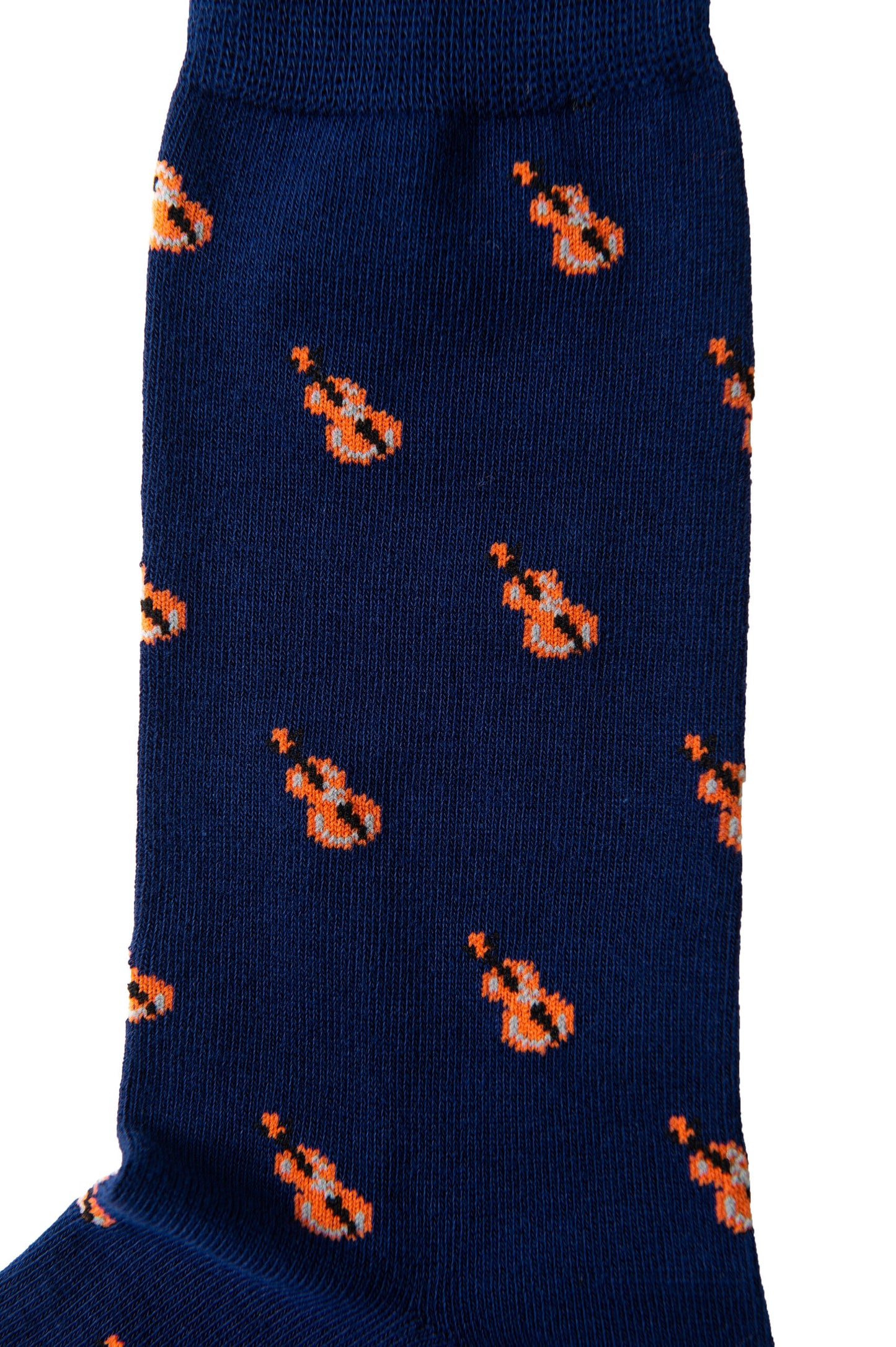 A close-up of Violin Socks, showcasing a navy blue hue adorned with a harmonious pattern of small orange and white violins.