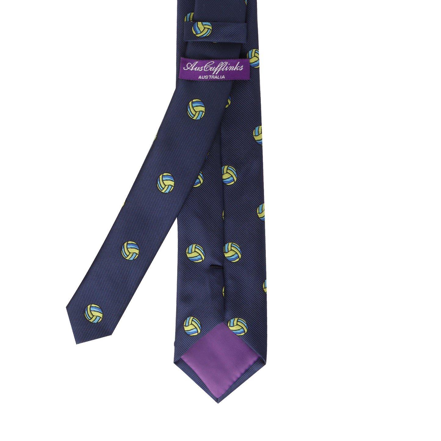 Elevate your style with the Volleyball Necktie, a navy blue accessory adorned with a pattern of yellow and green balls. It features a purple label and lining, adding sporty finesse to any outfit.