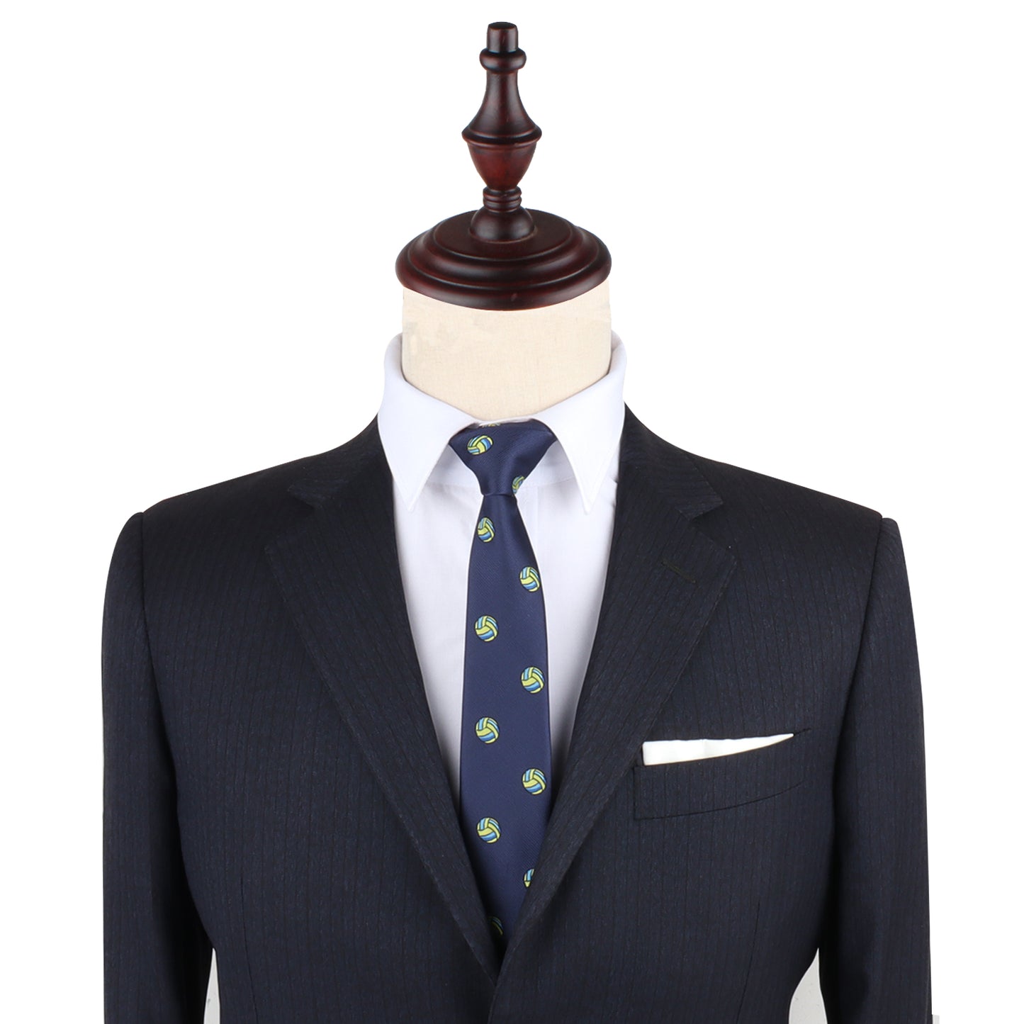 A dark suit with a white shirt and a Volleyball Slim Tie, displayed on a mannequin, effortlessly elevates your style with sporty finesse.