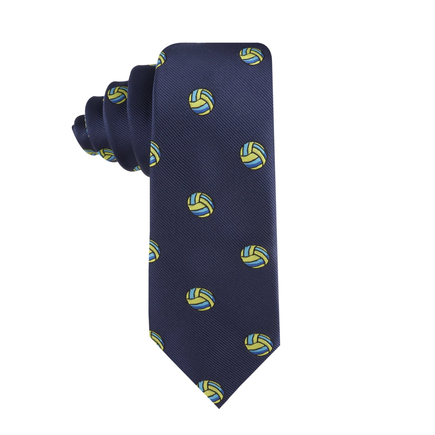 Enhance your look with the Volleyball Thin Tie, featuring a navy blue base adorned with vibrant yellow and green volleyball patterns for an element of sporty elegance.
