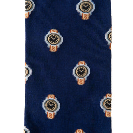 Watch Socks featuring a pattern of small, detailed watches with white and gold colors, exuding timeless elegance.