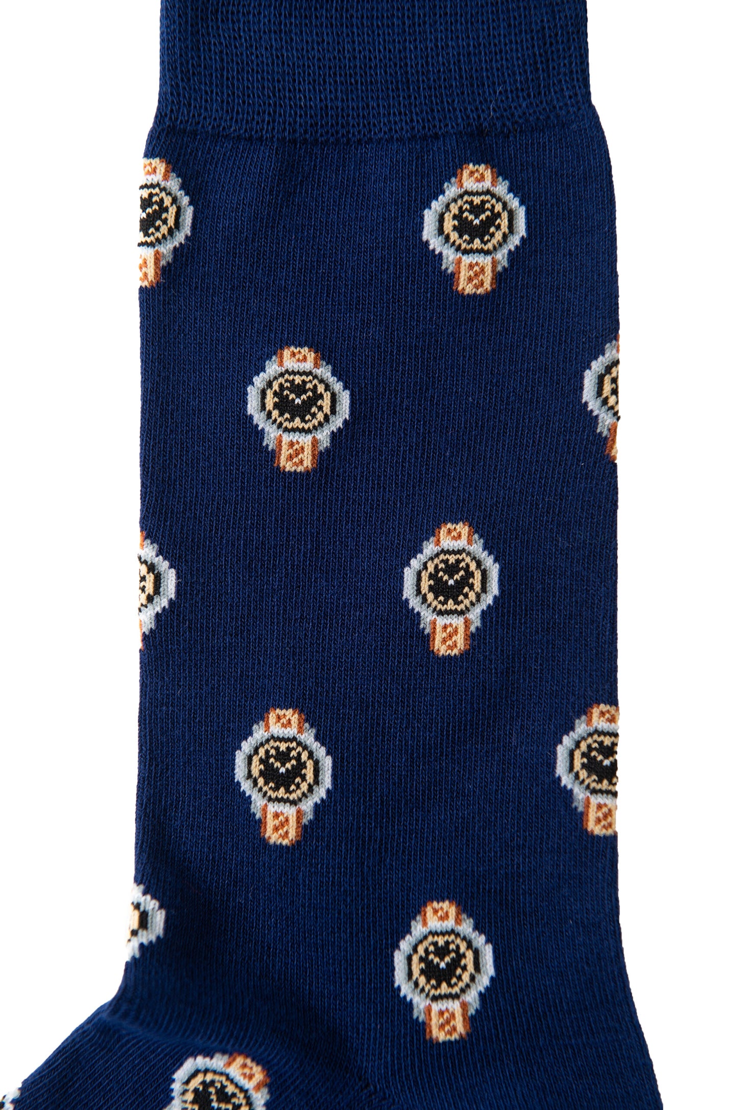 Watch Socks featuring a pattern of small, detailed watches with white and gold colors, exuding timeless elegance.