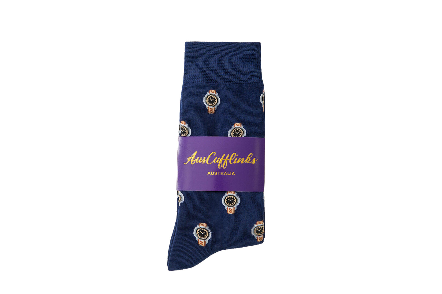 Navy blue Watch Socks with purple band labeled "auscufflinks australia" and patterned with a timeless gold crest design.
