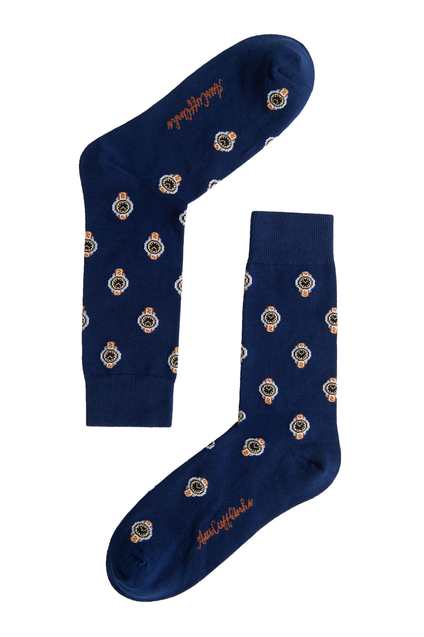 Watch Socks: Blue novelty socks featuring a repeating small watch pattern and orange cursive writing on the sole—ideal for horology enthusiasts.