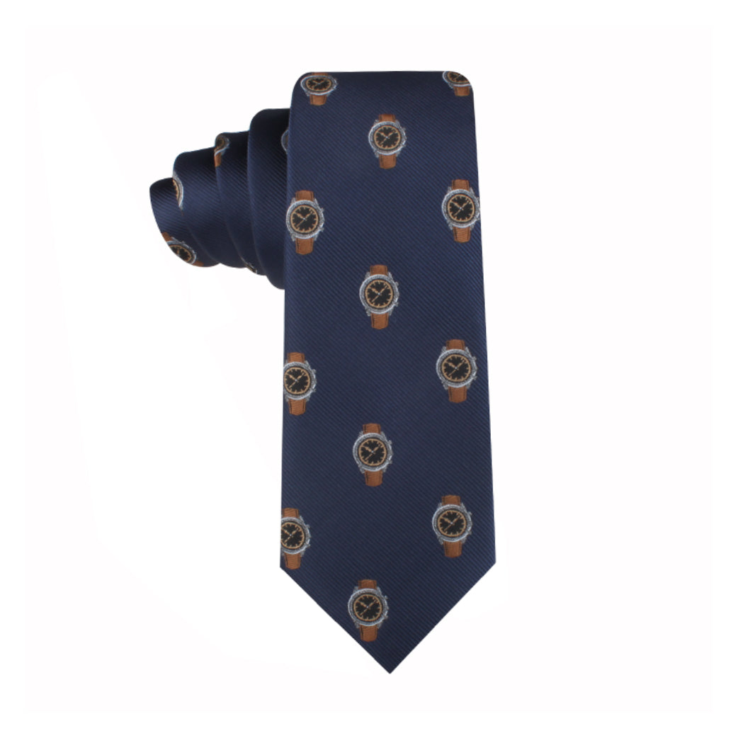 Watch Thin Tie featuring a pattern of brown and gold watch illustrations, reimagined with timeless elegance, neatly rolled from bottom to top, isolated on a white background.