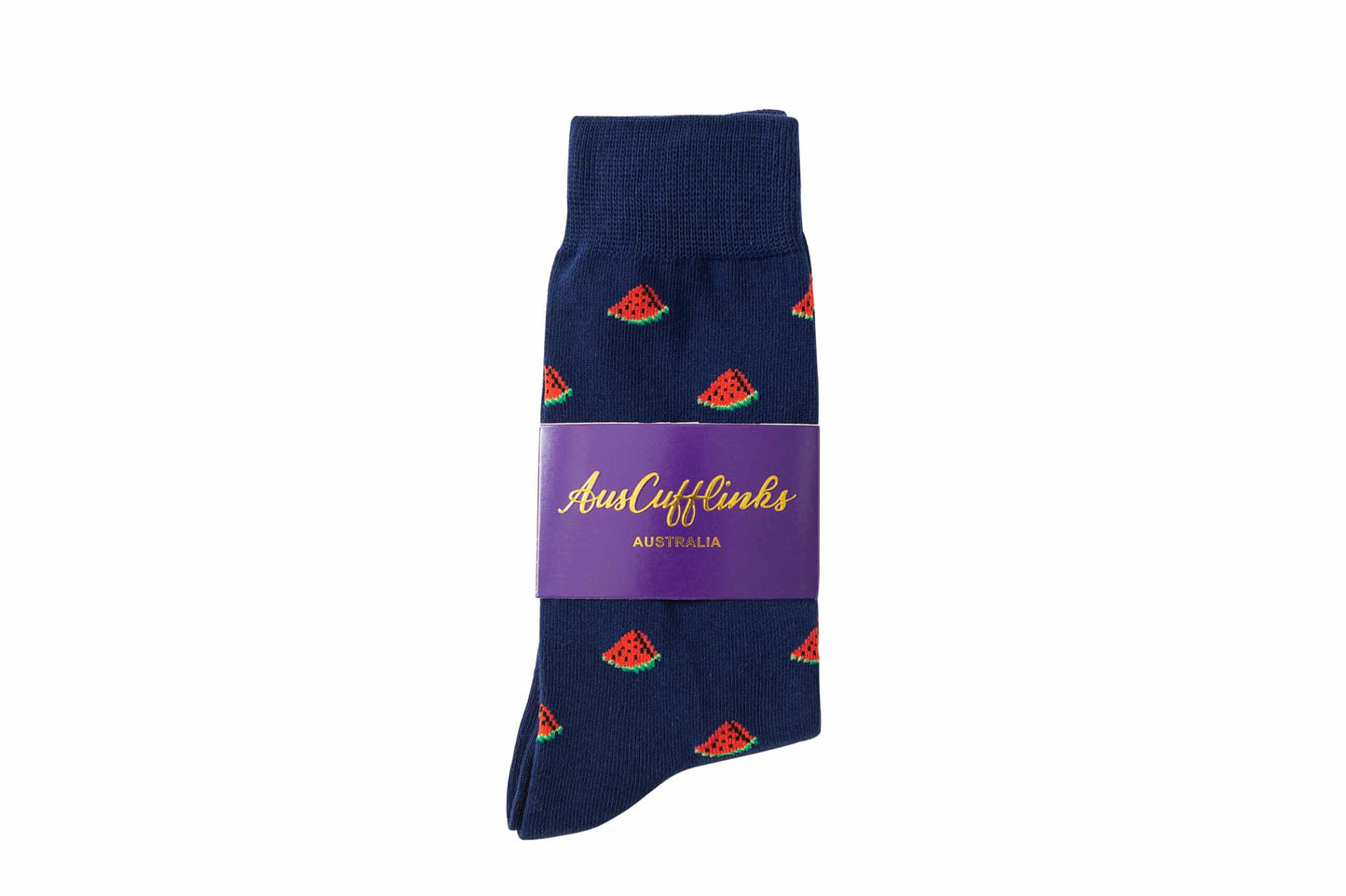 Watermelon Socks: Navy blue socks featuring a playful watermelon pattern, packaged with a purple "Auscufflinks Australia" label. These breathable socks make a fun gift for any occasion.