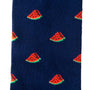 Close-up of Watermelon Socks in navy blue, featuring small red watermelon slice patterns with green rinds—these breathable socks make a fun and unique gift for any occasion.