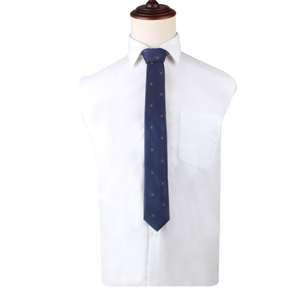 A mannequin wearing a Billy Goat Skinny Tie and white shirt with a distinctive style.