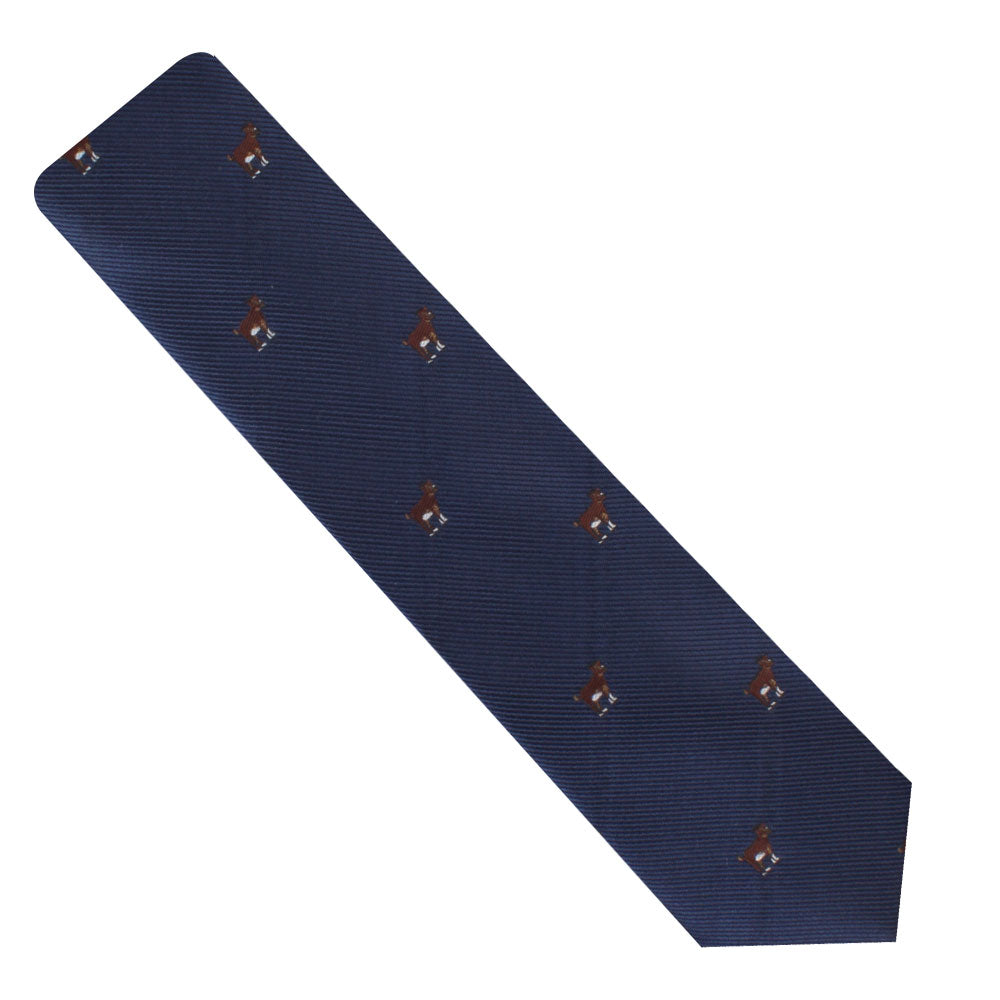 A blue Billy Goat Skinny Tie with horse motif.