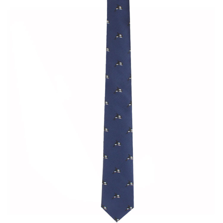 A Whale Print Tie with a pattern of small, evenly spaced yellow and white designs exuding contemporary elegance.