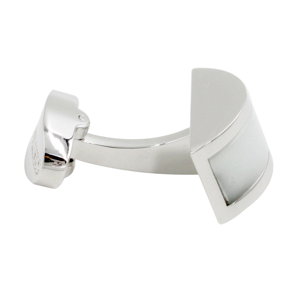 A pair of Pearl White Cufflinks with a half-cylinder design and a smooth, polished finish, exuding the lustrous charm of a classic man.