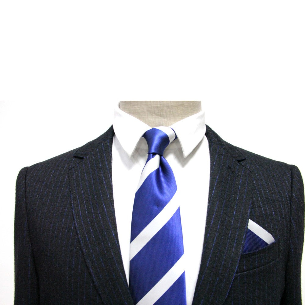 A pinstripe suit jacket over a white shirt is complemented with a blue and white striped tie, while the Navy White Stripe Pocket Square tucked into the pocket adds a touch of sophistication.