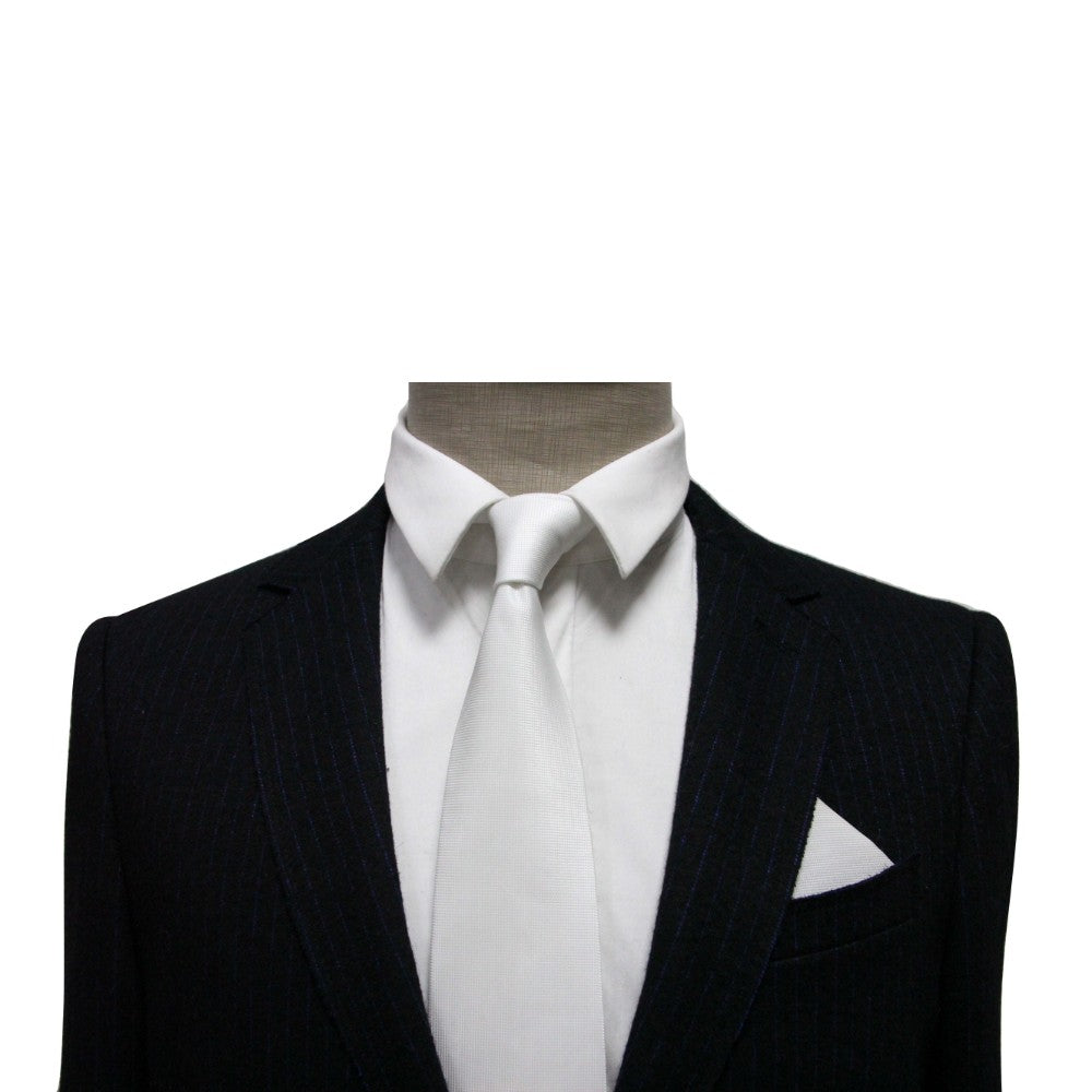 A mannequin in a versatile ensemble wears a black pinstripe suit with a white shirt and tie, perfectly accented by an elegant White Pocket Square.