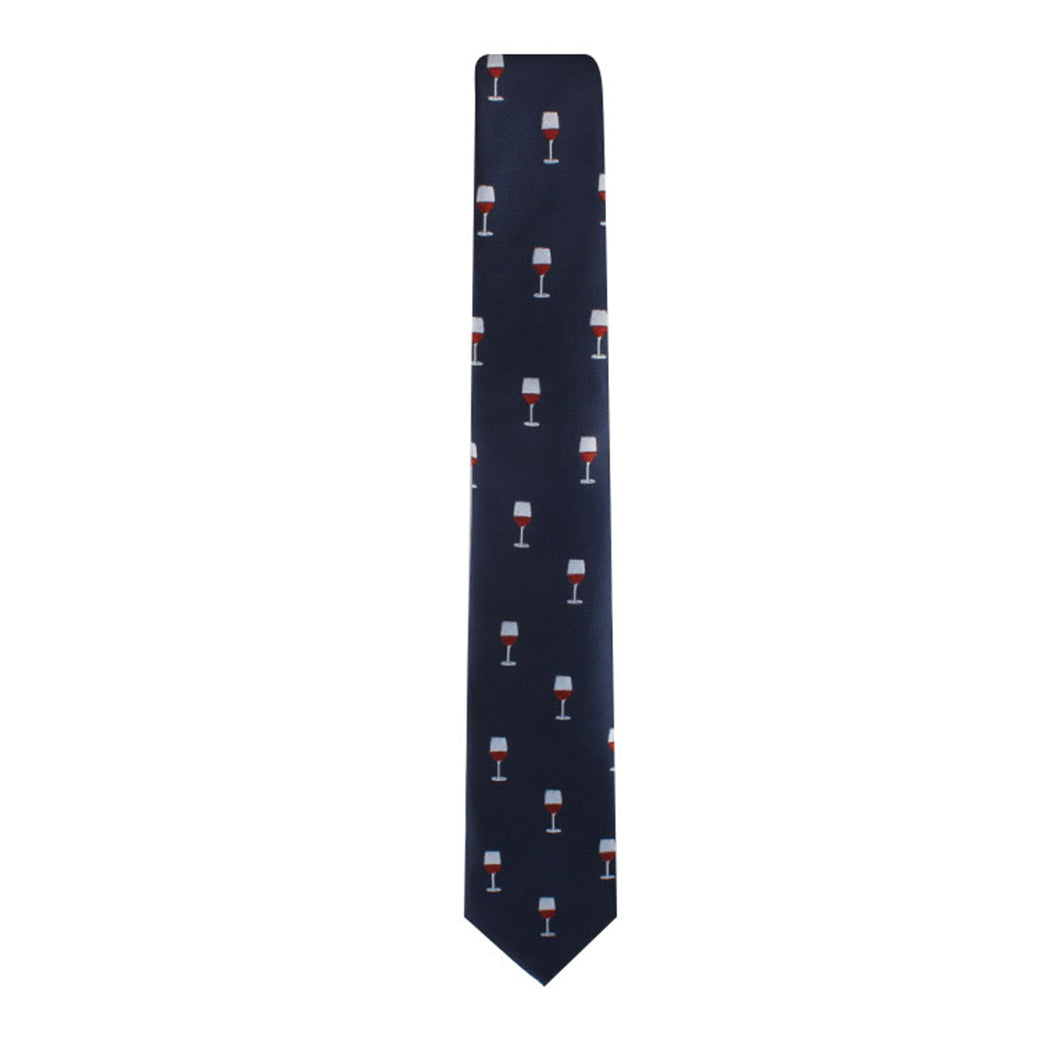 The Wine Skinny Tie, featuring a sleek navy blue design with a repeating pattern of red and white wine glasses, captures an essence of refined taste and modern charm.