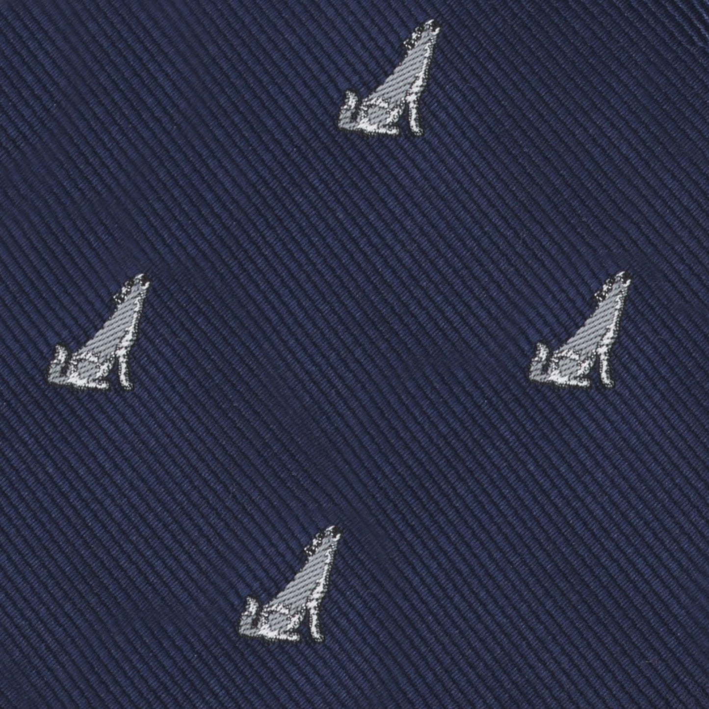Uncover the Wolf Bow Tie, featuring dark blue fabric with diagonal lines and a repeated pattern of small light gray embroidered howling wolves, adding elegance to any formal look.