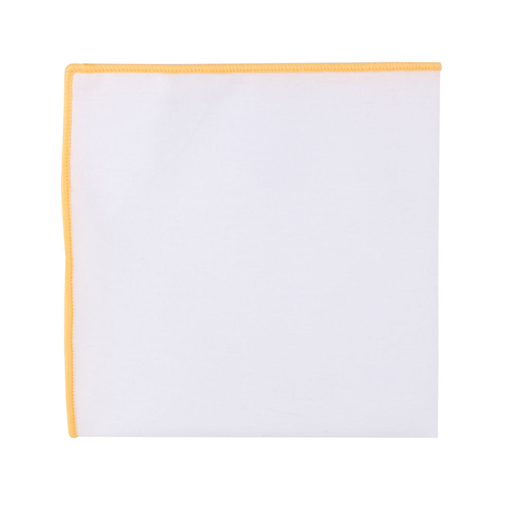 The Yellow Edge White Pocket Square, featuring a yellow border on one side, is displayed against a white background. Perfect for formal occasions, this accessory enhances any outfit with elegance and sophistication.