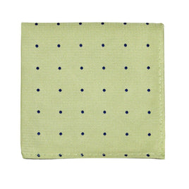The Green Navy Polka Dot Pocket Square is a stylish green accessory for men's fashion, featuring a grid pattern of small navy blue polka dots.