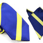 The Navy Yellow Stripe Business Tie & Pocket Square Set includes a tie and matching pocket square, elegantly displayed on a white background.