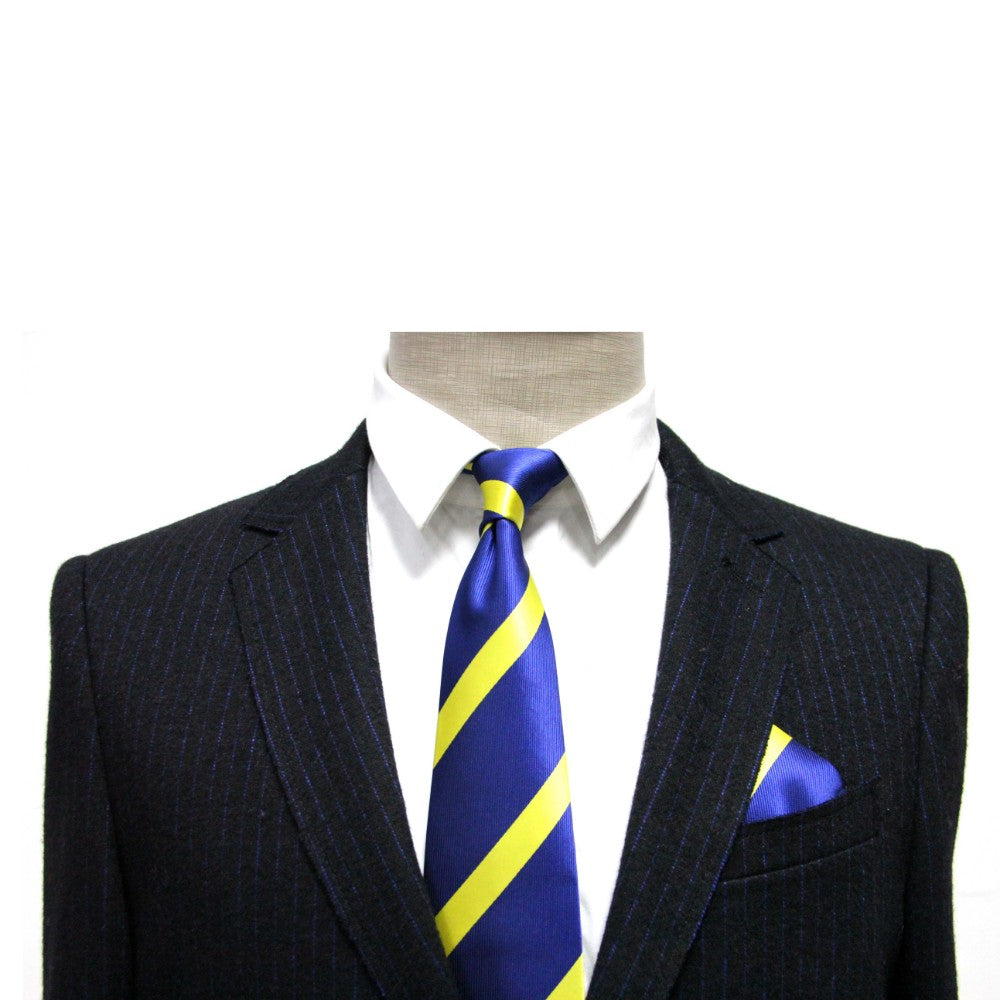 A mannequin displays a dark pinstripe suit with a white shirt, a blue and yellow striped tie, and the Navy Yellow Stripe Pocket Square against a plain white backdrop.
