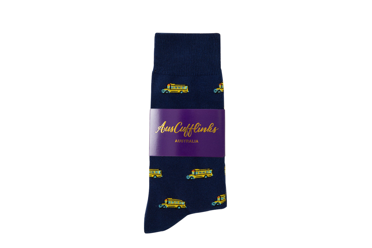 Yellow Bus Socks, featuring a nostalgic school bus pattern on a navy blue background and wrapped in a purple label that proudly displays "AussieCufflinks Australia," evoke a sense of nostalgia for simpler times.
