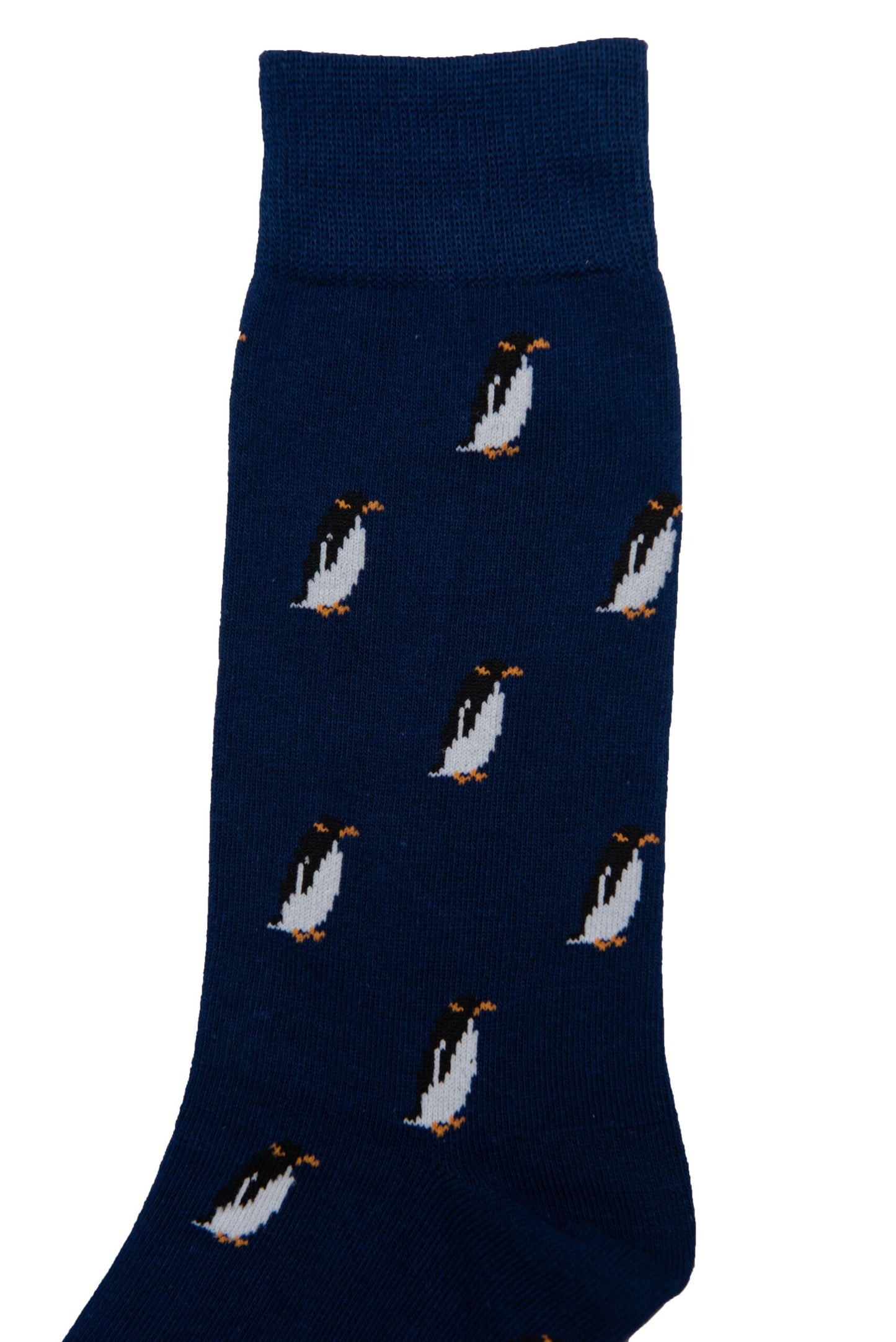 A pair of Penguin Socks, dark blue with a pattern of penguins scattered across its surface, offering a touch of arctic allure and cozy comfort.