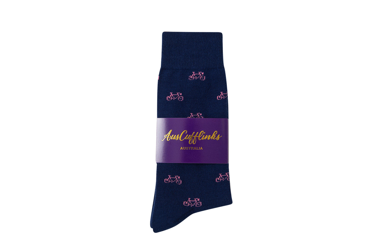 Experience rosy comfort with every pedal in a pair of navy blue Pink Bike Socks featuring a pink bicycle pattern, wrapped in a purple label that reads "Just ClifVinks Australia.