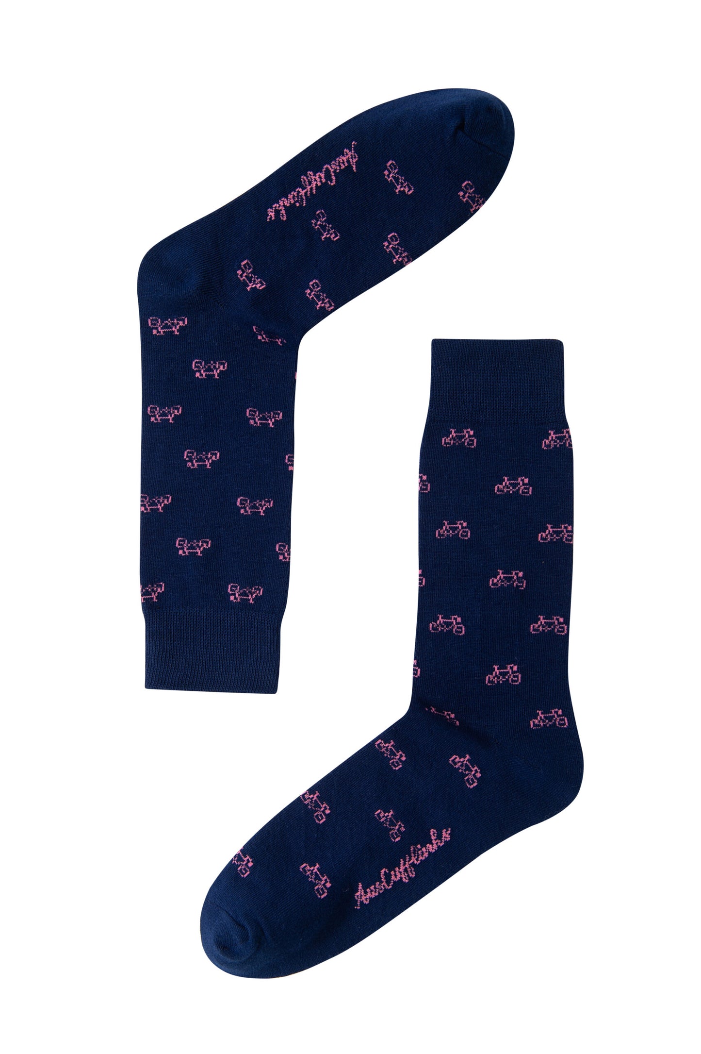 The Pink Bike Socks boast a navy blue design with pink bicycle patterns and bold pink "Awesome" text, providing rosy comfort with every step.