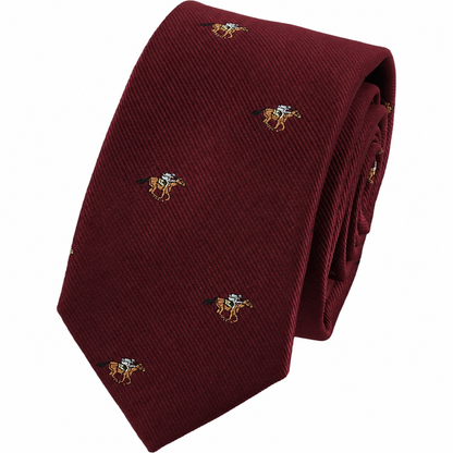 The Horse Racing Skinny MAROON Tie features a repeating embroidered jockey and horse pattern—perfect for any equestrian or horse racing tie collection.
