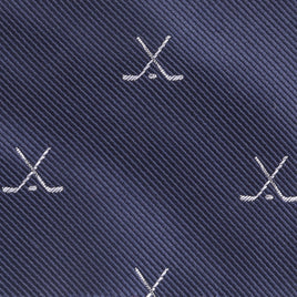 Close-up of the Ice Hockey Cross Bow Tie: dark blue fabric with diagonal stripes and small white crossed hockey sticks, adding a sporty touch—perfect as an ice hockey bow tie or unique hockey gift.