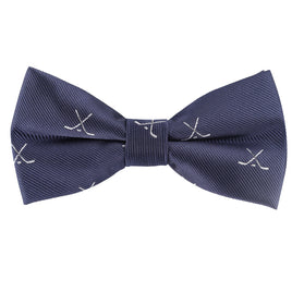 The Ice Hockey Cross Bow Tie is navy blue and features a pattern of small white crossed hockey sticks, adding a sporty touch to your look.
