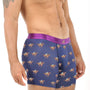 A shirtless person models Horse Racing Underwear boxer briefs featuring a patterned navy design, purple waistband, and breathable poly-spandex fabric, standing against a white background.