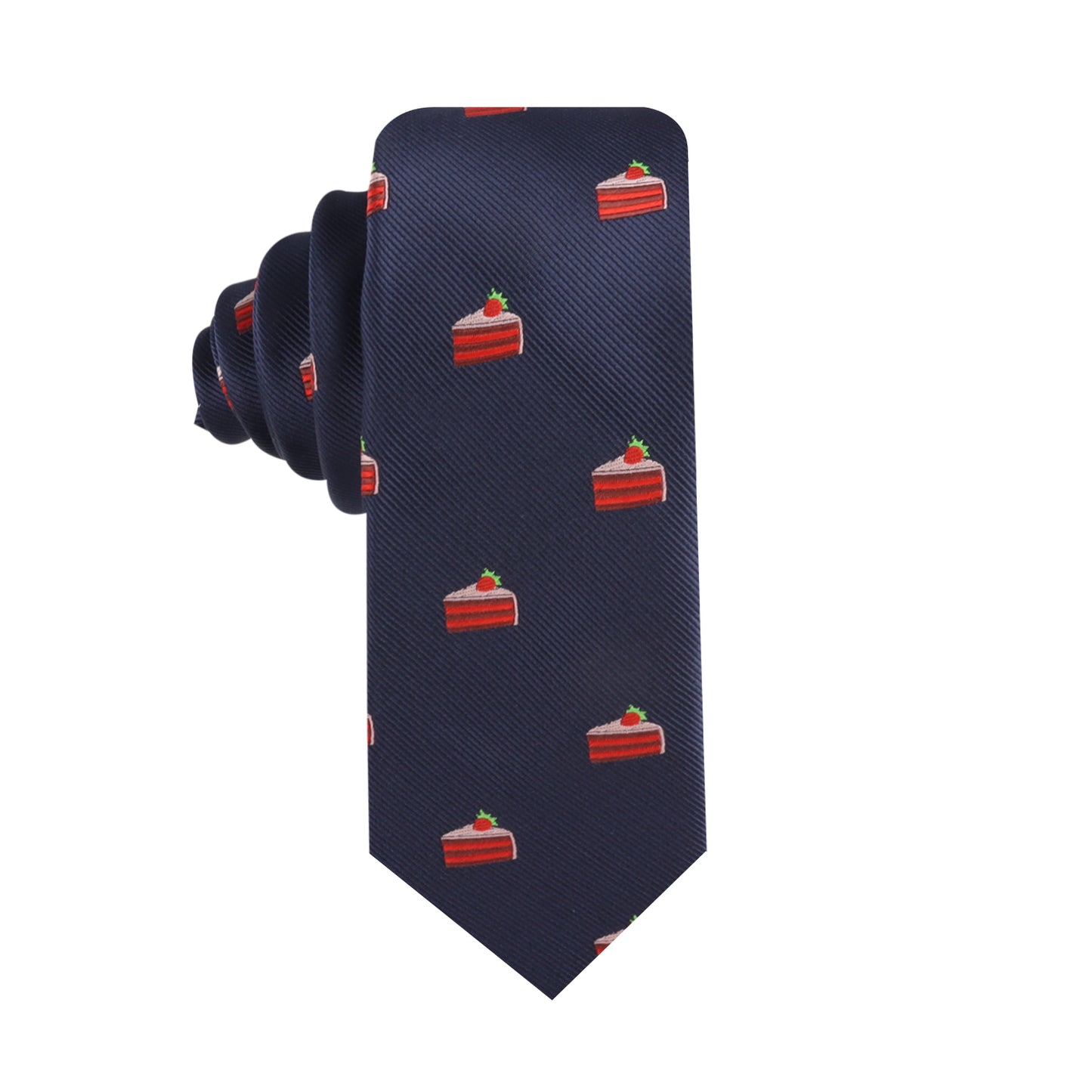 The Strawberry Cake Skinny Tie is a navy novelty tie with a repeating pattern of small red and white cake slices with green accents—ideal for dessert print tie fans.