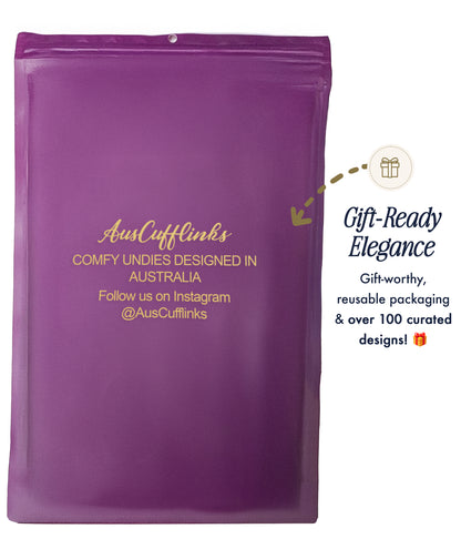 A purple reusable pouch with gold text showcases AusCufflinks' Horse Racing Underwear for equestrian fans, featuring gift-ready elegance, Instagram handle, and a selection of over 100 curated designs.