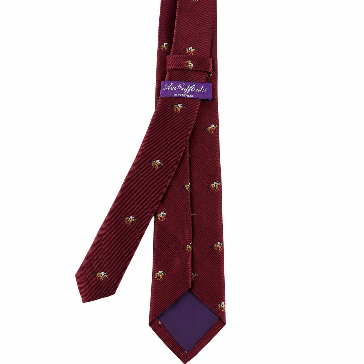 The Horse Racing Skinny MAROON Tie features a small bee pattern, a purple inner lining, and an "Astute Affairs Australia" label—a refined accessory ideal for horse racing events.
