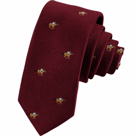 The Horse Racing Skinny MAROON Tie features a repeating embroidered bee pattern and is displayed rolled up against a white background.