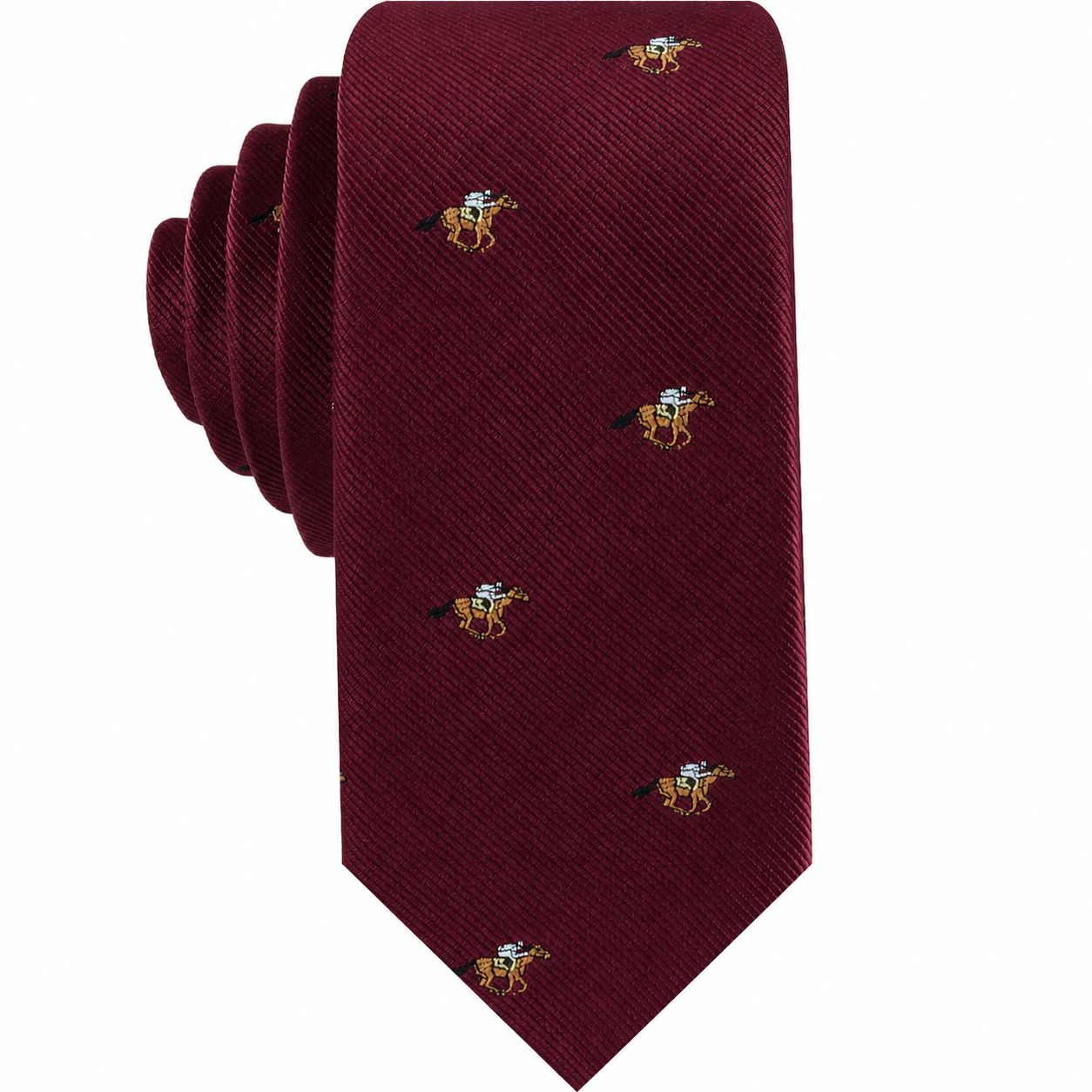 The Horse Racing Skinny MAROON Tie features a unique embroidered bee-with-saddle motif, making it a playful equestrian accessory that's perfect for standing out at any occasion.