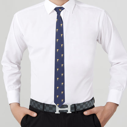 A person in a white dress shirt, black pants, and a checkered belt with a metallic buckle pairs it with the Toucan Bird Skinny Tie—perfect as a unique gift for bird lovers.