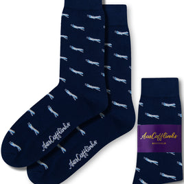 Introducing "Aeroplane Socks," designed in navy blue with a charming white airplane pattern, ideal for those who dream of reaching new heights. These socks from the "Aussie Cufflinks Australia" collection add a touch of style to your high-flying days.