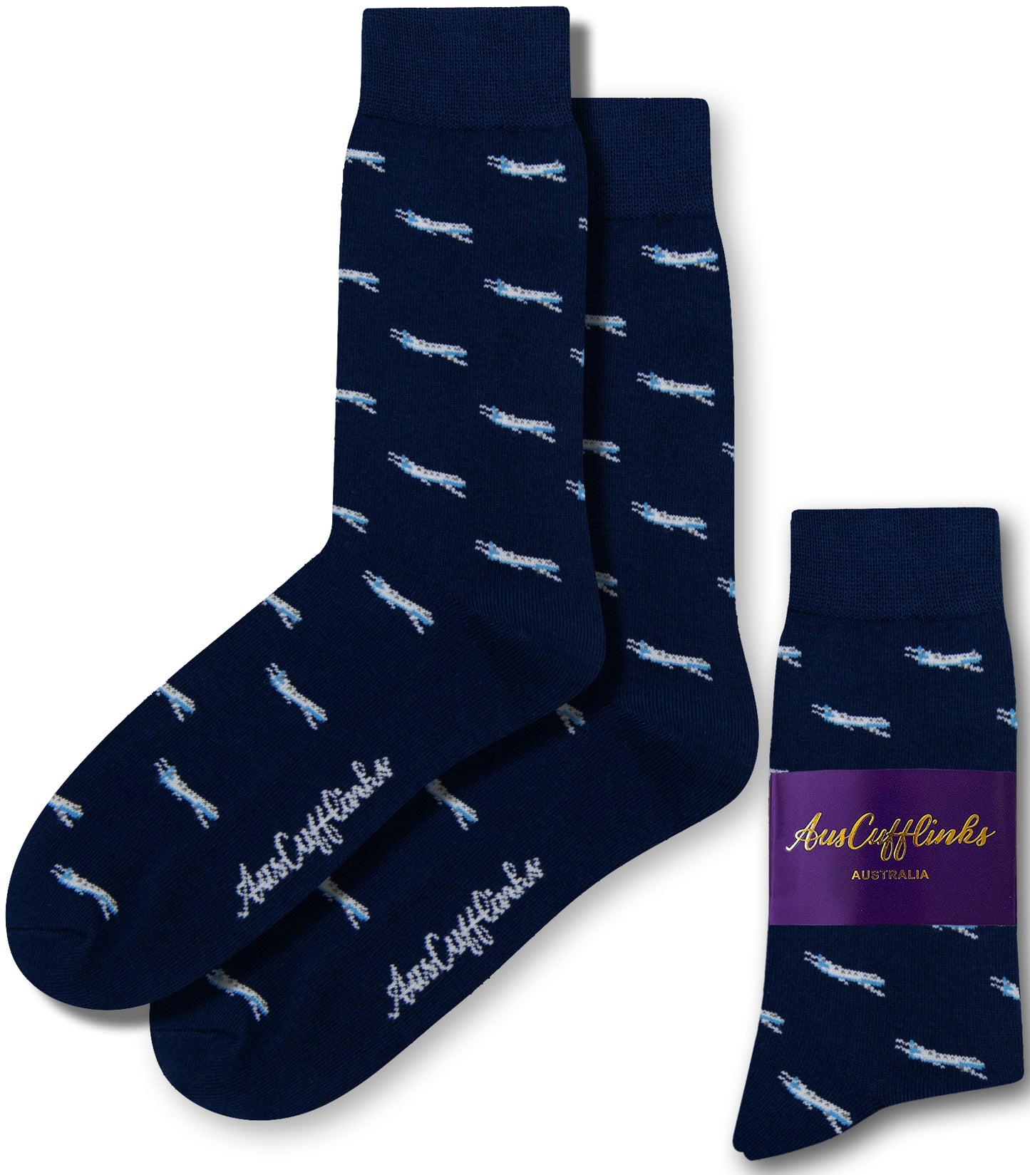 Introducing "Aeroplane Socks," designed in navy blue with a charming white airplane pattern, ideal for those who dream of reaching new heights. These socks from the "Aussie Cufflinks Australia" collection add a touch of style to your high-flying days.