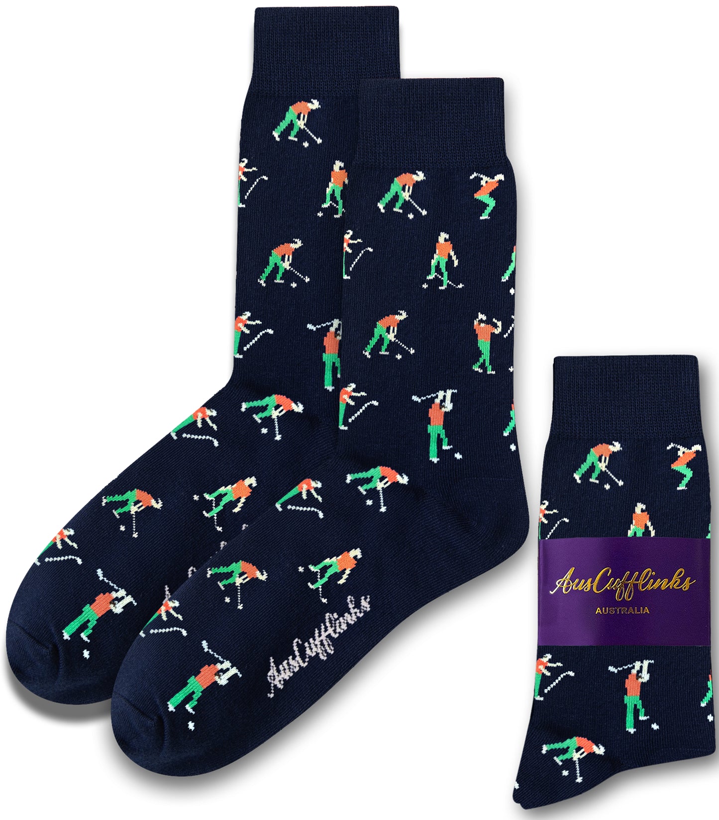 Navy "Angry Golfer Socks" feature sporty flair with red, green, and white golfer patterns. These stylish socks are all about comfort and come in AusCufflinks Australia packaging that embodies the spirit of the fairway.