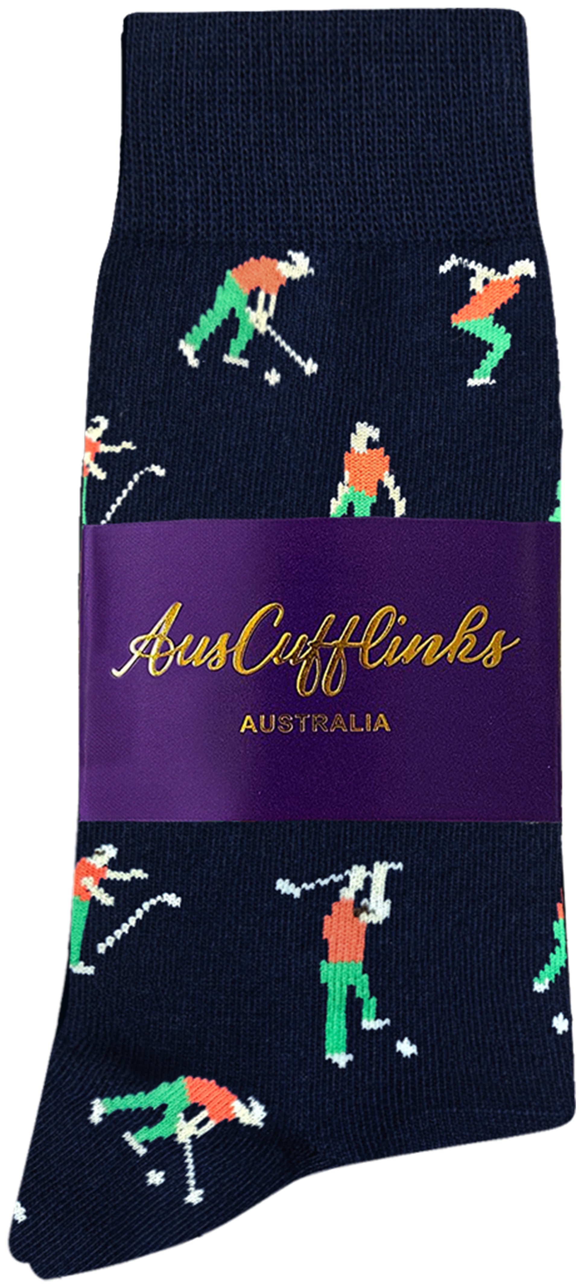 Navy socks named "Angry Golfer Socks" showcase golfers in various poses, adding a sporty flair to your wardrobe, wrapped with a purple band labeled "AusCufflinks Australia.