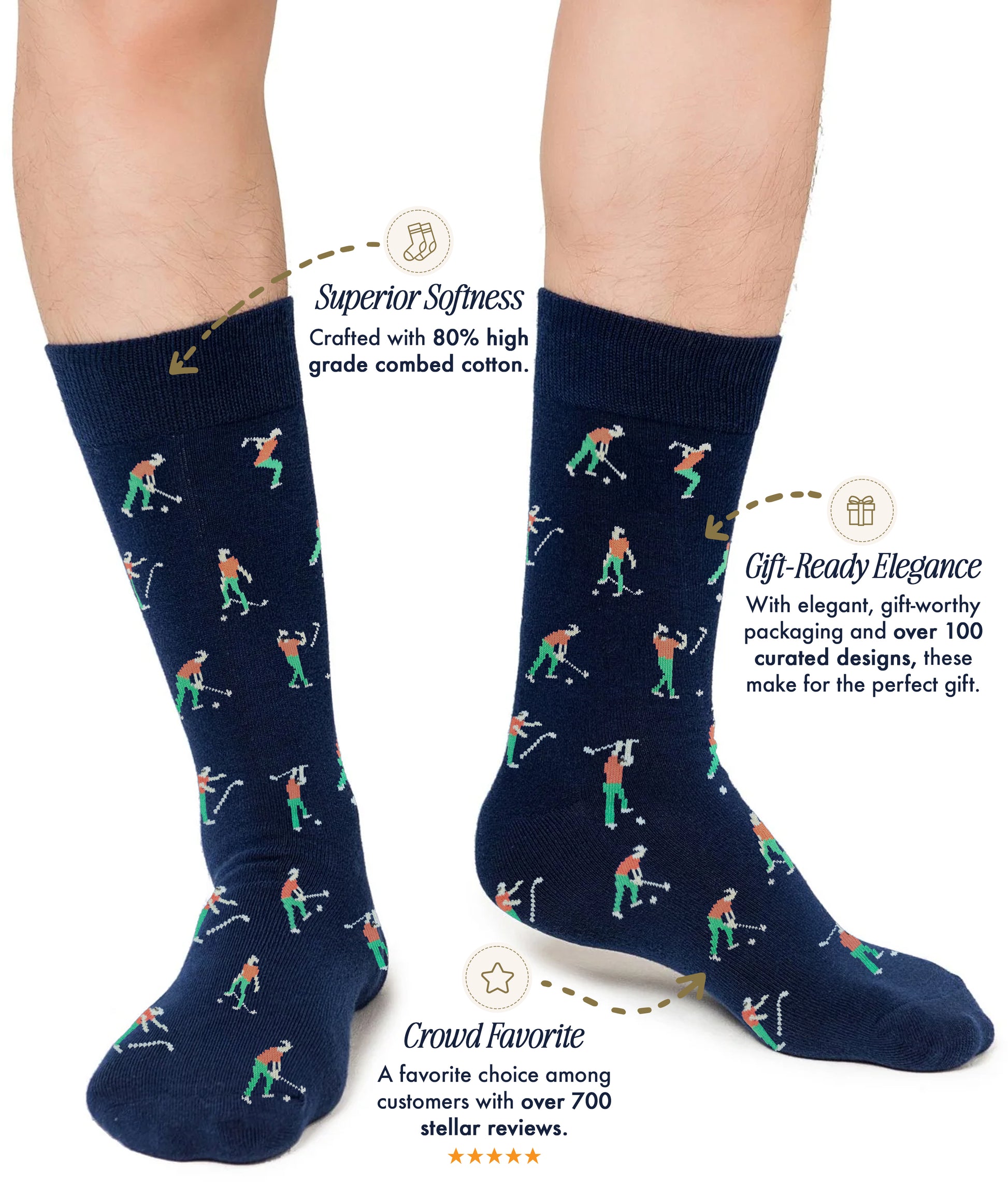 Wearing Angry Golfer Socks in navy adds sporty flair and comfort with a golfer pattern. Known for their softness and gift-ready box, these socks are highly rated, making them an ideal wardrobe addition.