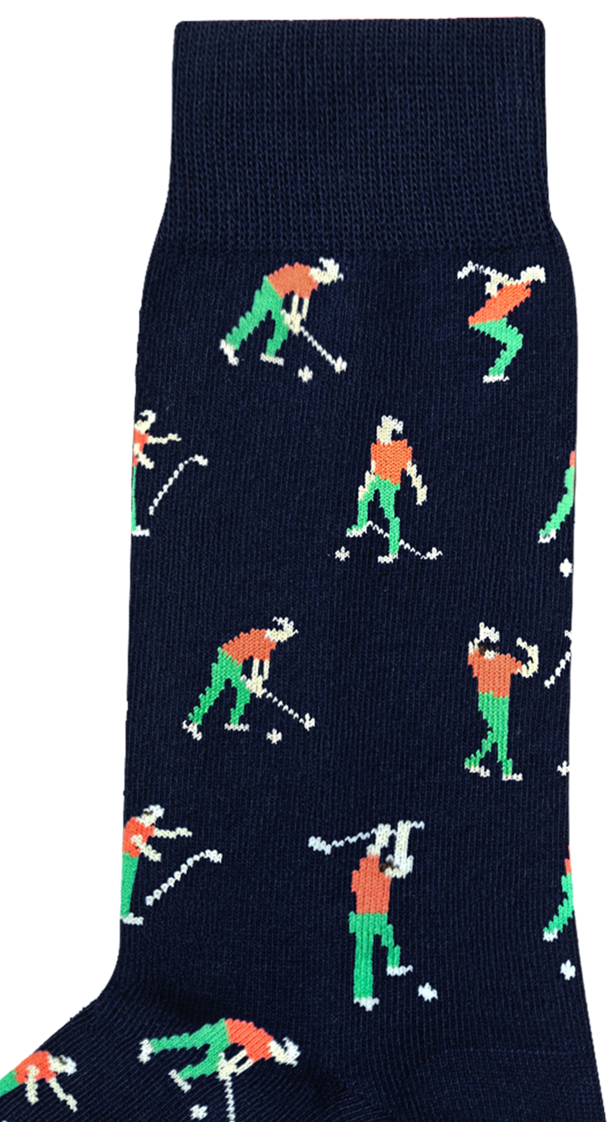 The Angry Golfer Socks offer unparalleled comfort with a pattern of golfers in various poses on a navy blue background, adding sporty flair to your wardrobe.