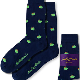 Apple Socks come in navy blue with a playful green apple pattern, providing both comfort and a stylish edge. They are showcased with packaging that reads "AusCufflinks Australia.